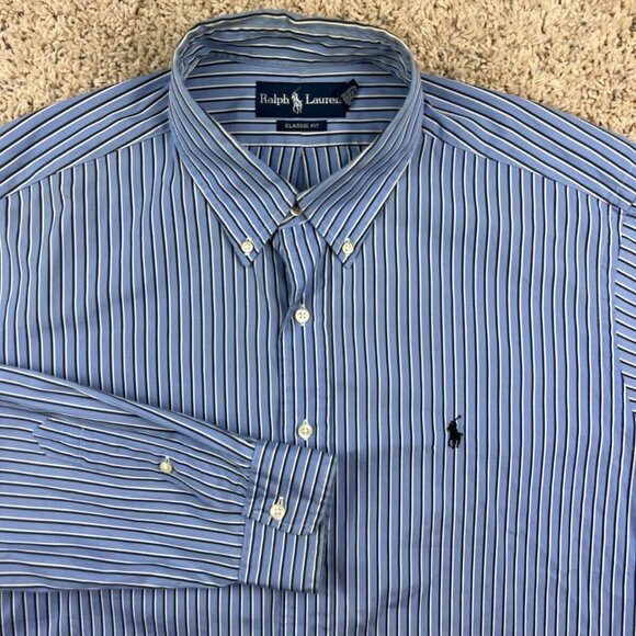 Ralph Lauren Men's Button Up Shirt Classic Fit Blue White Striped 17 36/37 - Picture 1 of 9